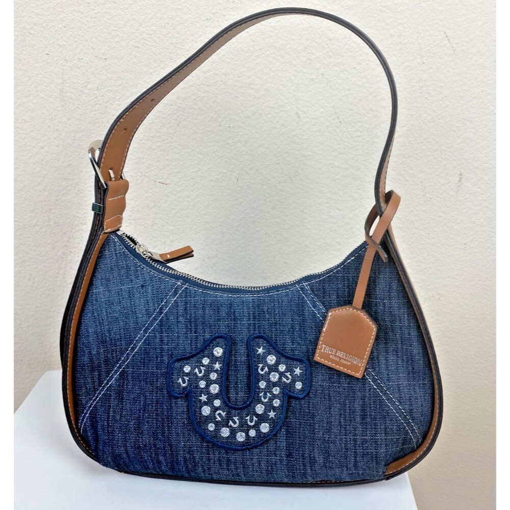 True Religion Blue Denim Raised Horseshoe Shoulder Bag Studs New Hobo Purse